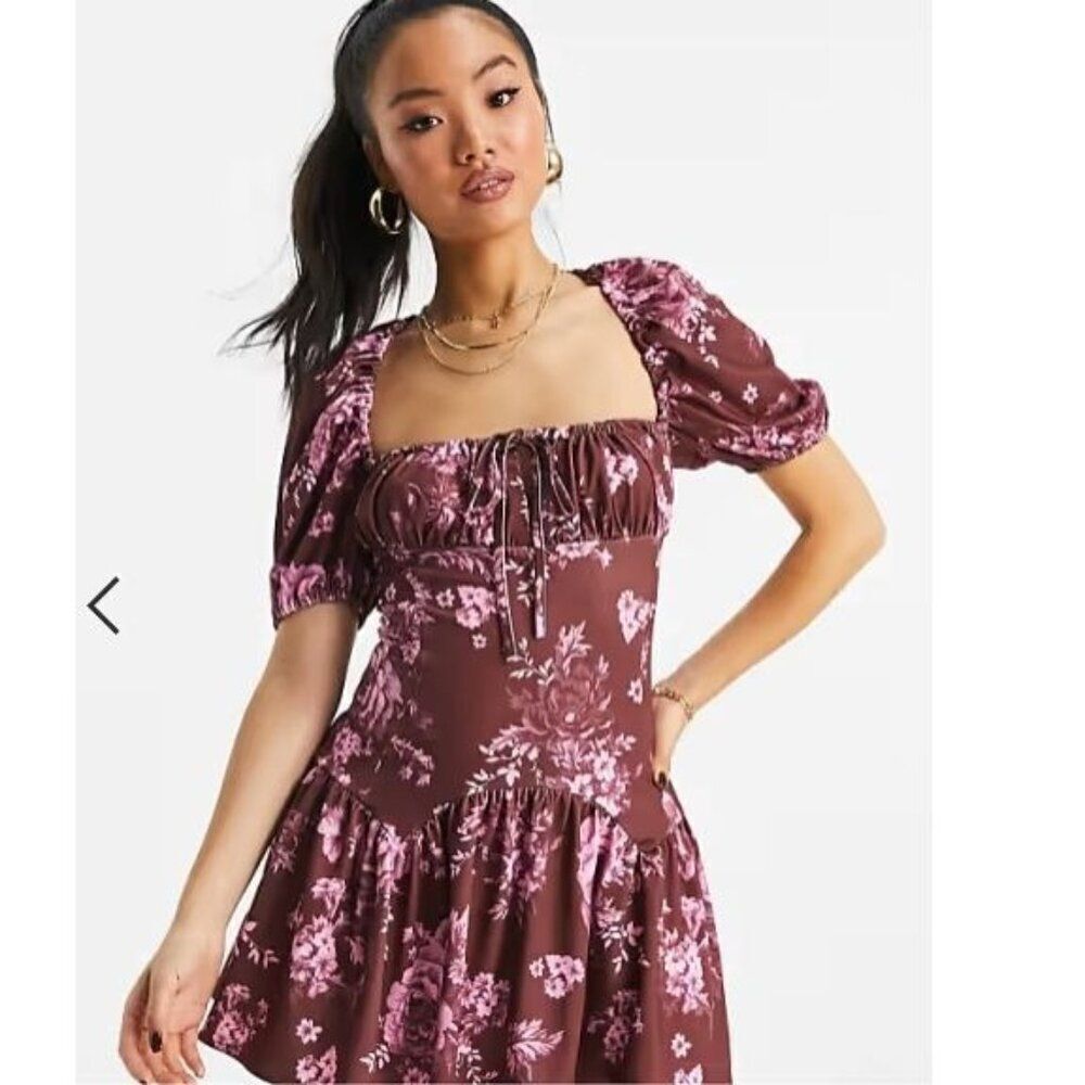 ASOS DESIGN Petite Square Neck Mini Dress with Tie Back in Rose Print-Multi, Sz.